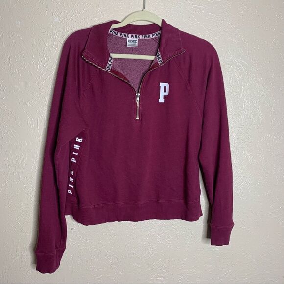 PINK cropped half zip pullover burgundy - Picture 1 of 9
